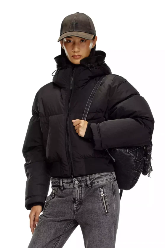 Luxurious Women's Winter Jackets – Diesel Hooded Down Jacket in Crinkled Nylon – Chic Black Winter Coats