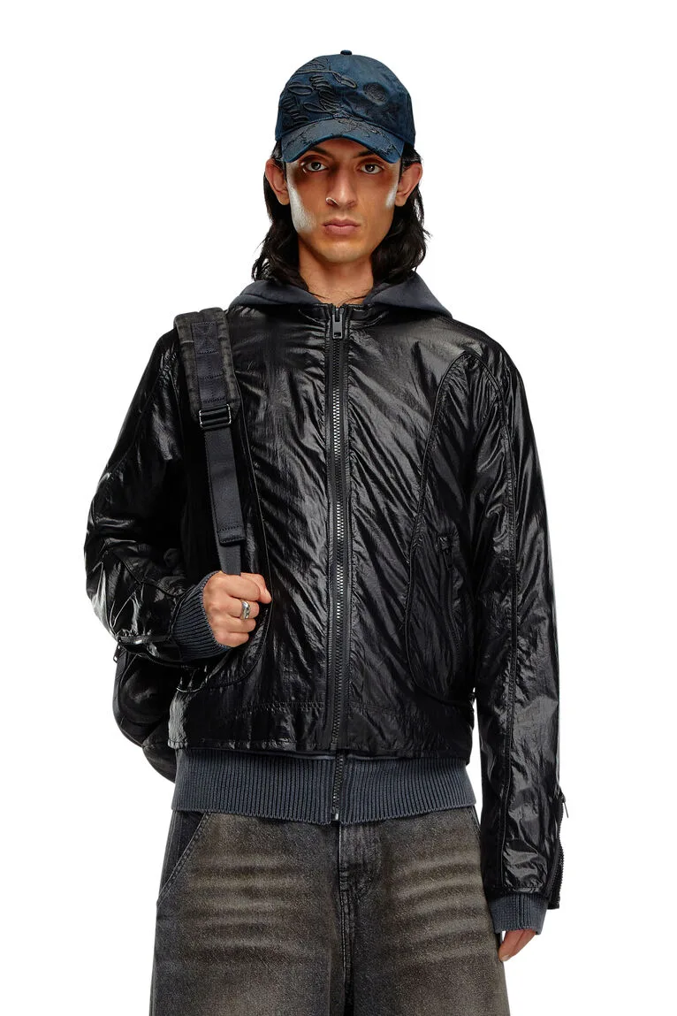 Men's Black Diesel Biker Jacket in Shiny Ripstop - Bold, Stylish Jackets