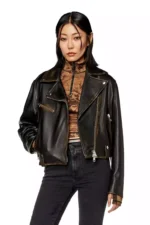 Diesel Women's Biker Jacket - Black Tumbled Leather - Stylish Leather Jackets