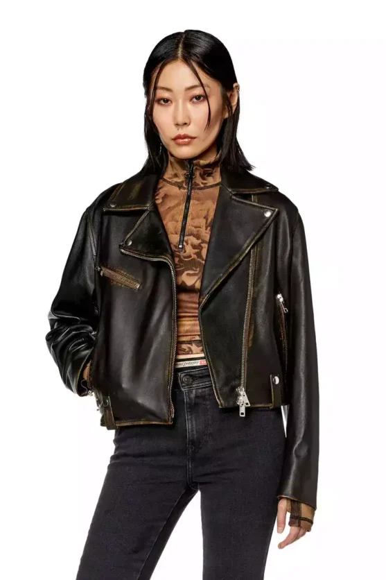 Diesel Women's Biker Jacket - Black Tumbled Leather - Stylish Leather Jackets
