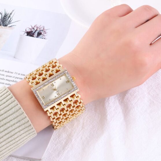 Elegant Women's Square Diamond Watch with Steel Band & Roman Numerals