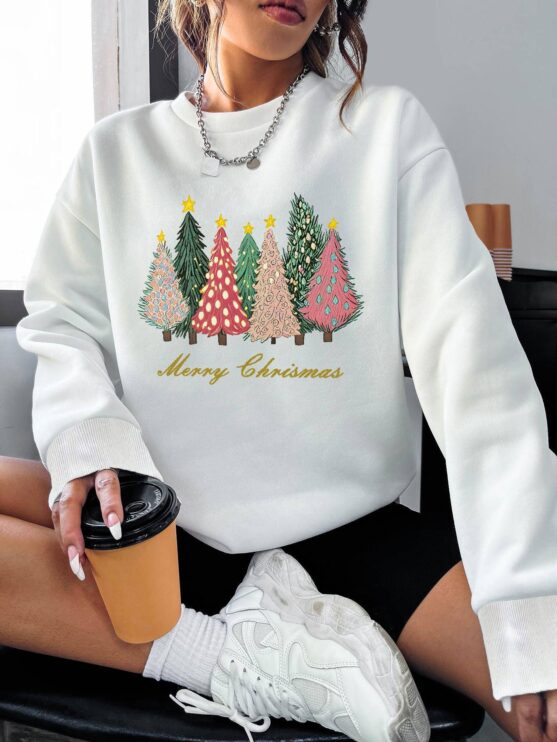 Women's Merry Christmas Tree Graphic Pullover Sweatshirt