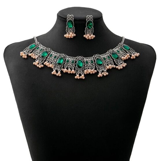 Vintage Emerald Earrings Ethnic Style Square Tassel Bead Pendant Jewelry Suit - Image 5
