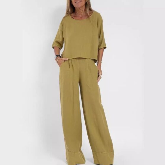 Women's Cotton Two Piece Wide Leg Pants Set - Image 3