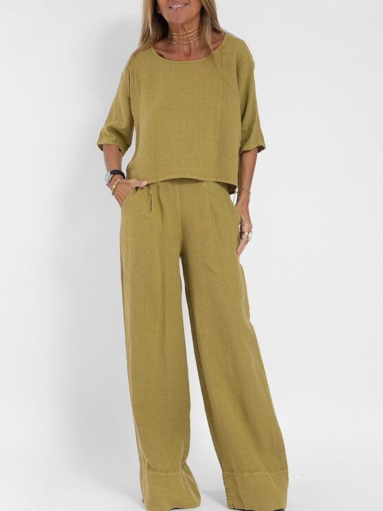 Women's Cotton Two Piece Wide Leg Pants Set - Image 2