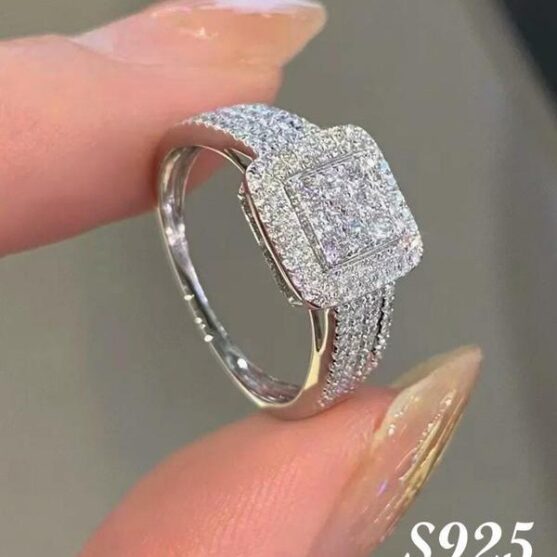 925 sterling silver luxury rhinestone square ring womens