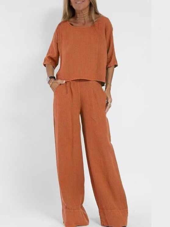 Women's Cotton Two Piece Wide Leg Pants Set - Image 7