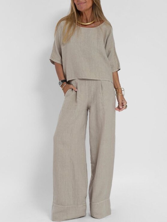 Women's Cotton Two Piece Wide Leg Pants Set - Image 4