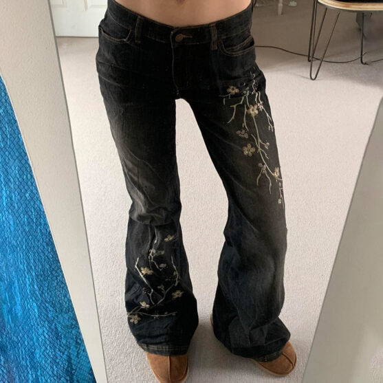 Flower Embroidered Jeans Womens - Image 3