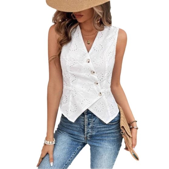 Women's White Eyelet Button Front Vest Top Petite - Image 4