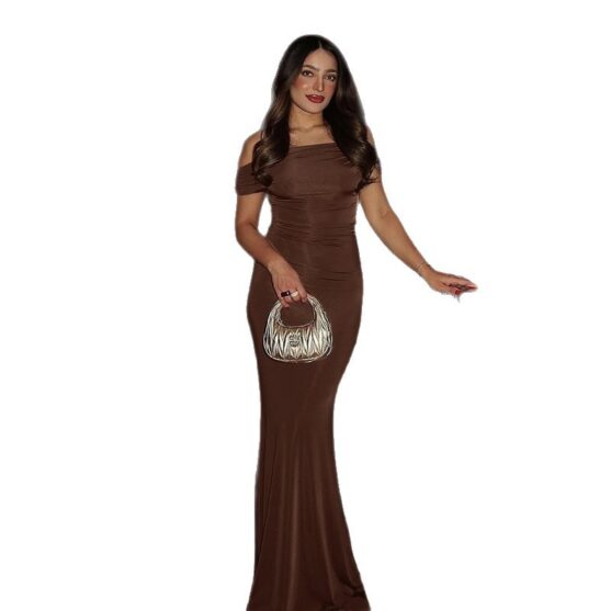Maxi Women Brown Off Shoulder Evening Dress - Image 3