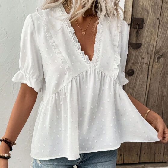 Short Sleeve Women White Ruffle V Neck Blouse - Image 4