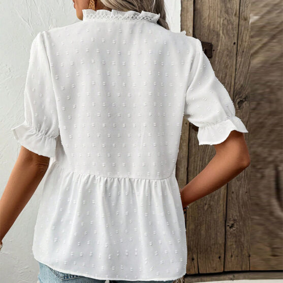 Short Sleeve Women White Ruffle V Neck Blouse - Image 3