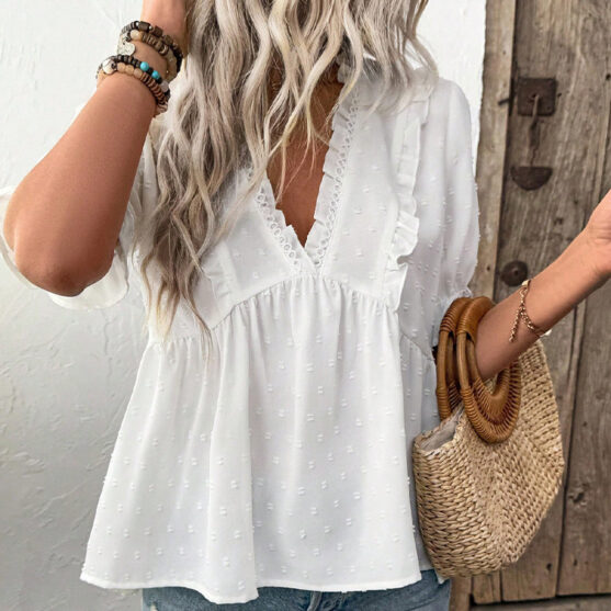 Short Sleeve Women White Ruffle V Neck Blouse - Image 6