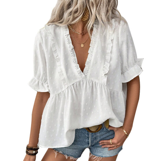 Short Sleeve Women White Ruffle V Neck Blouse - Image 5
