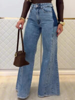 Women's Patchwork Wide-Leg Denim Pants – High Waist, Full Length