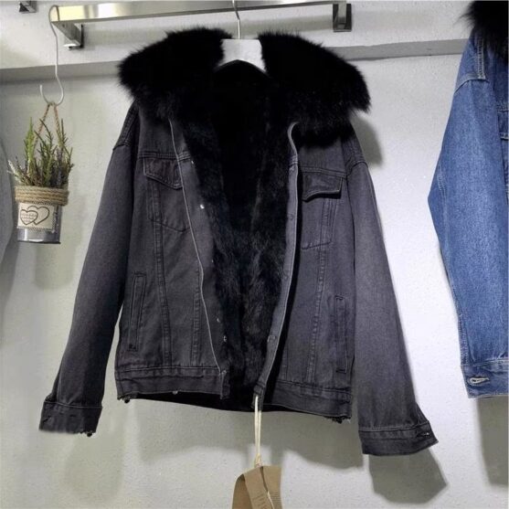 Black Jean Jacket with Hoodie For woman