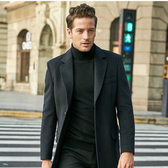 Mens Long Wool Coat - Grey - Image 5