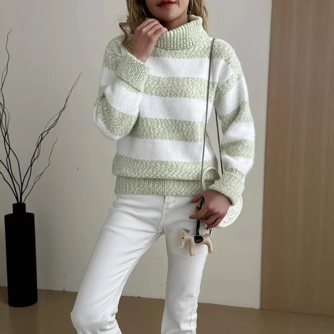 Women's Oversized Fluffy Striped Knit Mock Neck Sweater Women's Oversized Fluffy Striped Knit Mock Neck Sweater - Image 2