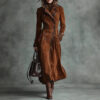 Elegant Brown Suede Long Coat for Women - Double Breasted Winter Outerwear