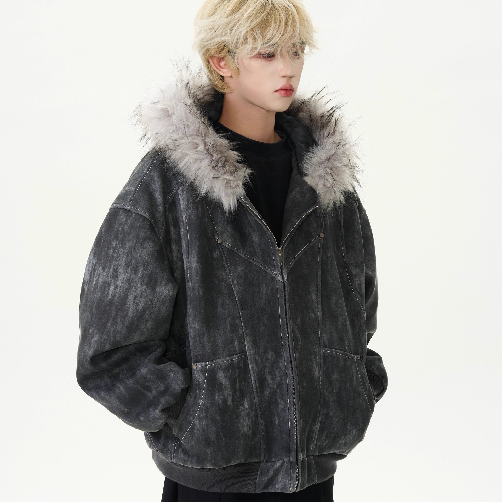 Men's Vintage Wash Suede-Touch Oversized Jacket with Plush Fur Hood Men's Vintage Wash Suede-Touch Oversized Jacket with Plush Fur Hood - Image 5
