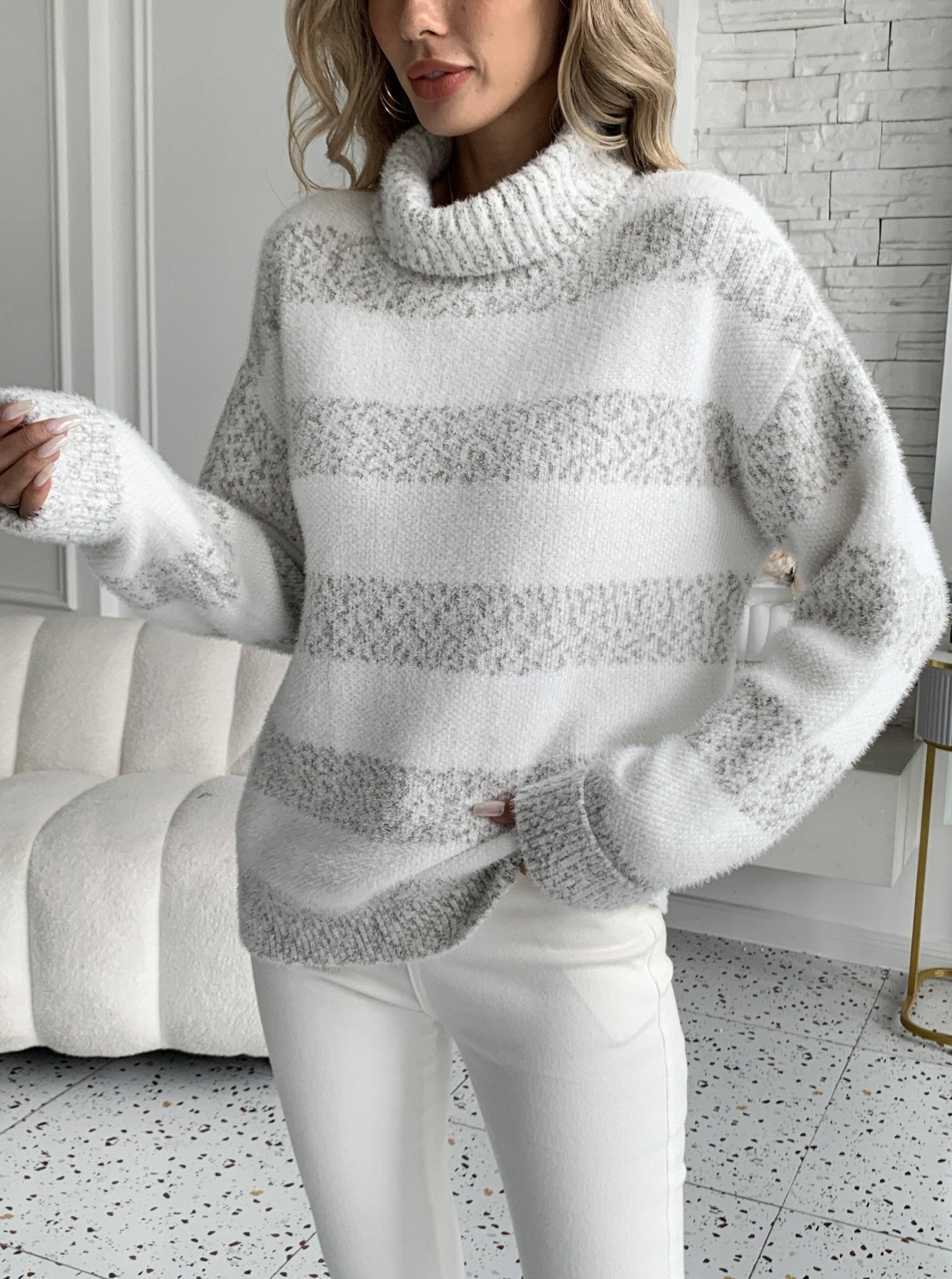 Women's Oversized Fluffy Striped Knit Mock Neck Sweater Women's Oversized Fluffy Striped Knit Mock Neck Sweater - Image 4