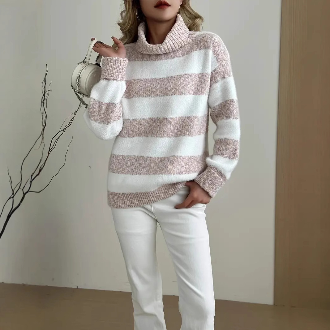 Women's Oversized Fluffy Striped Knit Mock Neck Sweater Women's Oversized Fluffy Striped Knit Mock Neck Sweater - Image 7