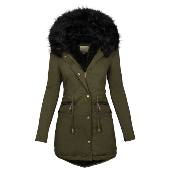 Women's Mid-Length Winter Parka with Faux Fur Trim Hood