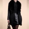 Black Quilted Leather Coat with Fur Collar
