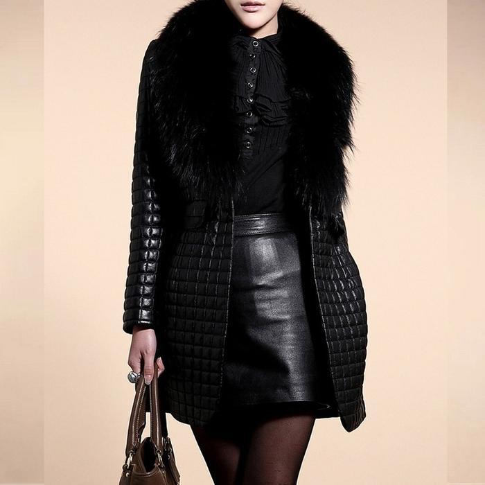 Black Quilted Leather Coat with Fur Collar | Luxe Clothing Black Quilted Leather Coat with Fur Collar