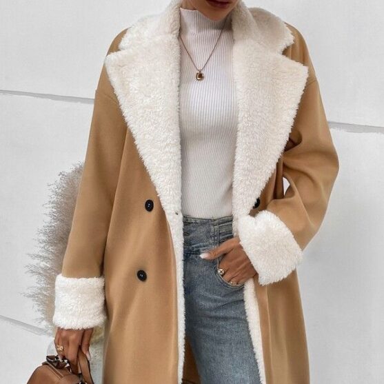 Luxe Khaki Faux Fur Collar Double-Breasted Winter Coat