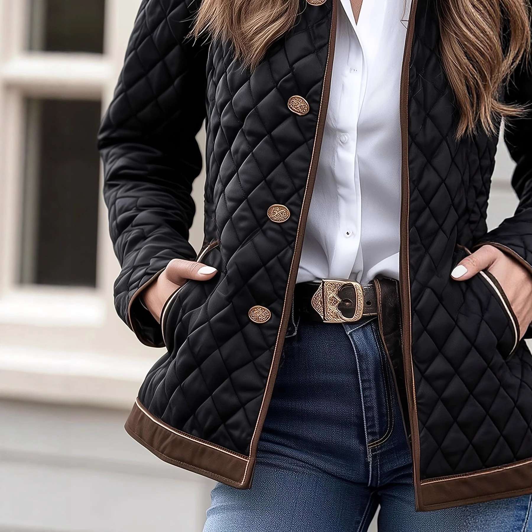 Women's Diamond Quilted Jacket with Contrast Trim | Luxe Clothing Women's Diamond Quilted Jacket with Contrast Trim - Image 3
