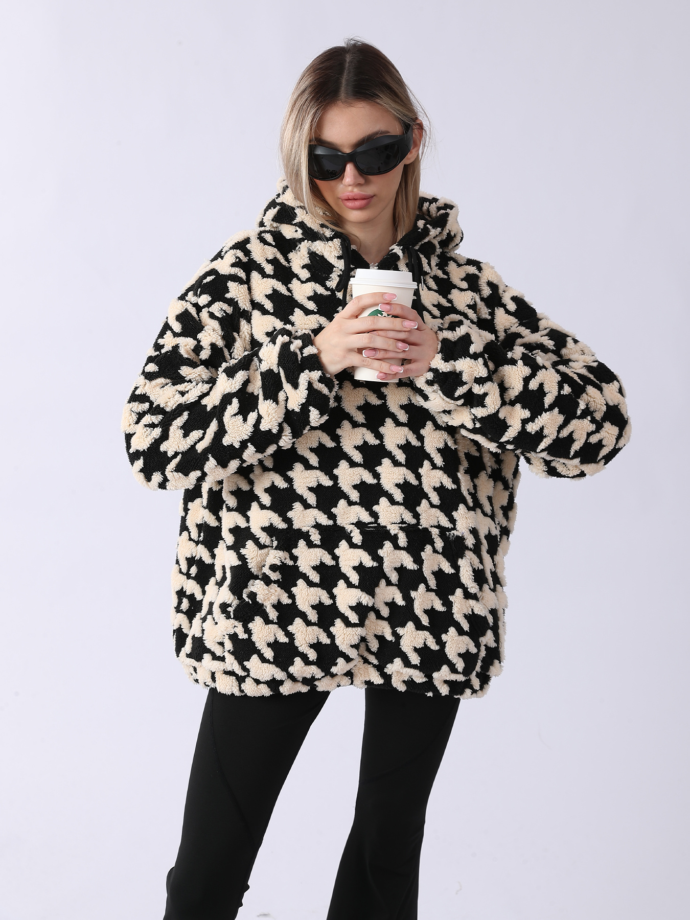 Cozy Houndstooth Sherpa Hoodie - Women’s Warm Oversized Teddy Pullover | Luxe Clothing Cozy Houndstooth Sherpa Hoodie - Women’s Warm Oversized Teddy Pullover - Image 4