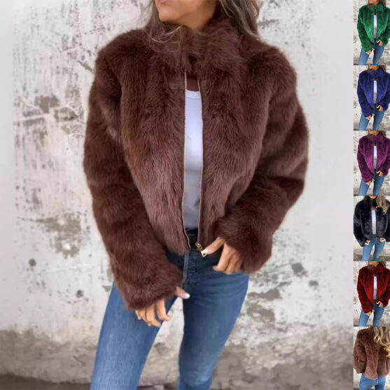 Women's Cropped Faux Fur Jacket - Zip Up Plush Winter Coat Streetwear