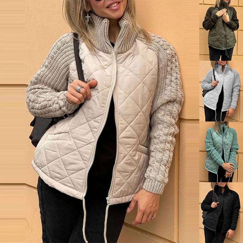 Women's Funnel Neck Quilted Puffer Jacket with Knit Sleeves. | Luxe Clothing Women's Funnel Neck Quilted Puffer Jacket with Knit Sleeves.