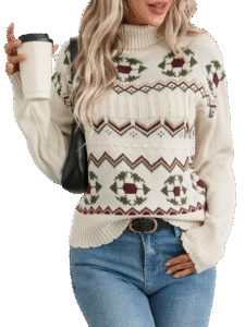 Women's Fair Isle Sweater | Luxe Clothing Women’s Fair Isle Cable Knit Turtleneck Sweater – Loose Fit Geometric Pullover