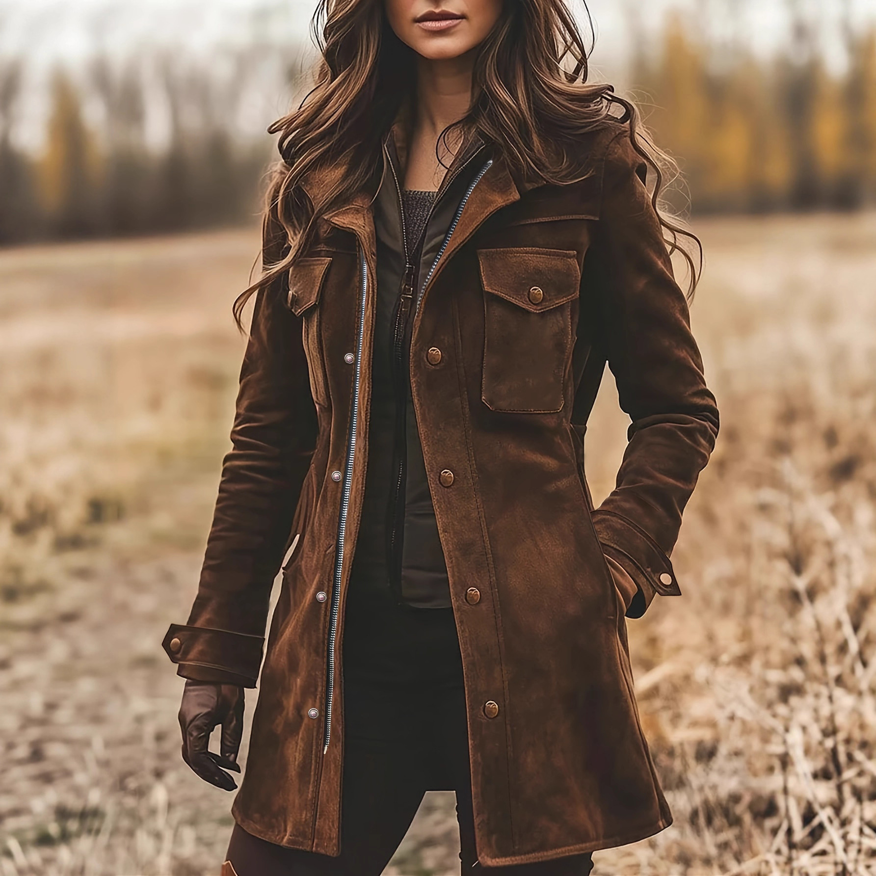 Women's Dark Brown Suede Mid-Length Utility Jacket | Luxe Clothing Women's Dark Brown Suede Mid-Length Utility Jacket - Image 2