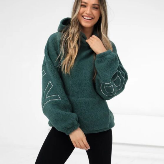 Women's Oversized Embroidered Sherpa Hoodie – Cozy Fleece Pullover
