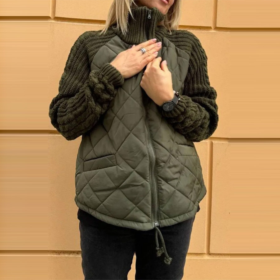 Women's Funnel Neck Quilted Puffer Jacket with Knit Sleeves. | Luxe Clothing Women's Funnel Neck Quilted Puffer Jacket with Knit Sleeves. - Image 3