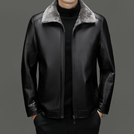 Men’s Classic Fleece-Lined Winter Leather Jacket with Faux Fur Collar