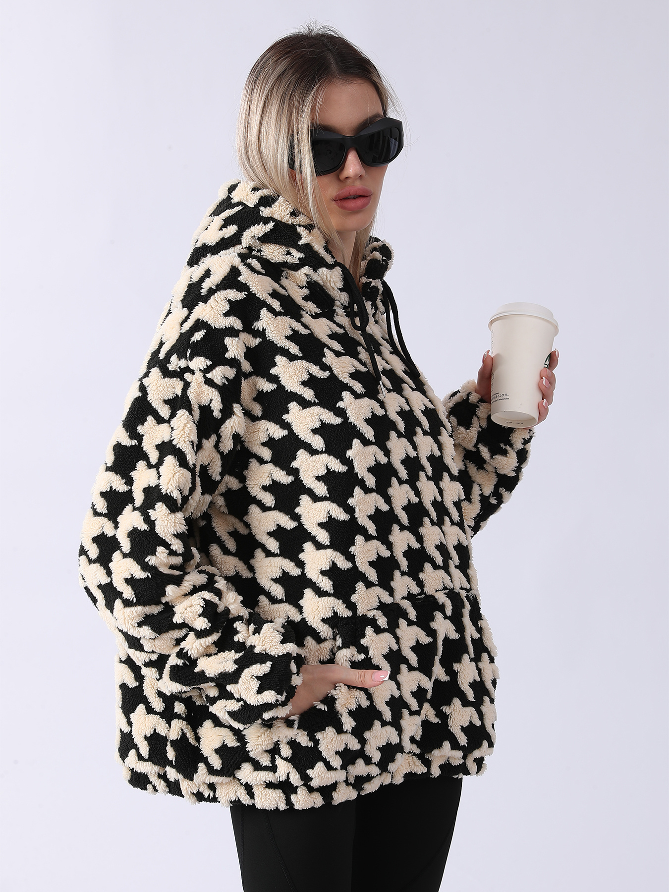 Cozy Houndstooth Sherpa Hoodie - Women’s Warm Oversized Teddy Pullover | Luxe Clothing Cozy Houndstooth Sherpa Hoodie - Women’s Warm Oversized Teddy Pullover - Image 6