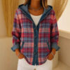 Women’s Denim Patchwork Hooded Shacket – Chic Plaid & Ribbed Cardigan