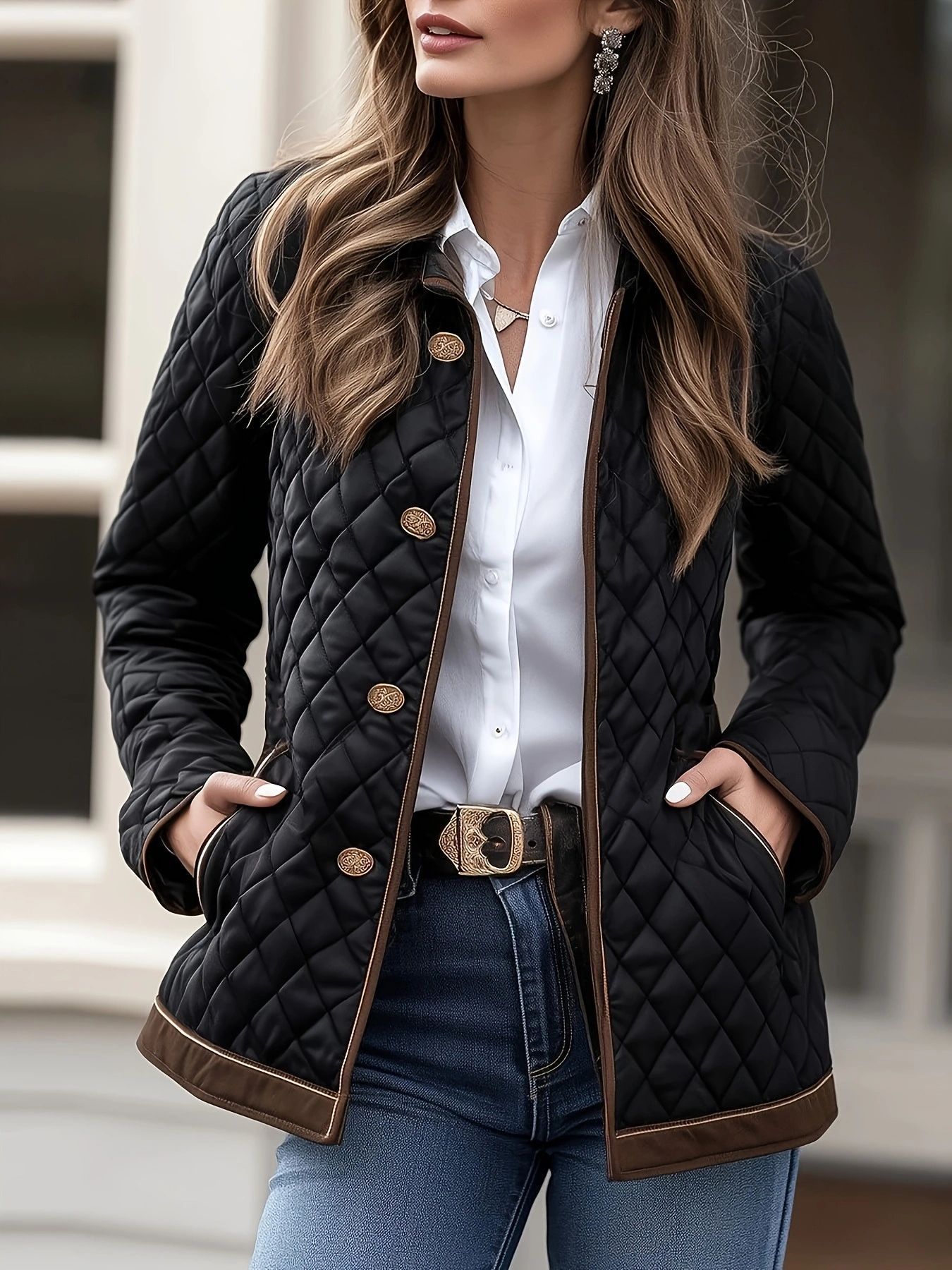Women's Diamond Quilted Jacket with Contrast Trim | Luxe Clothing Women's Diamond Quilted Jacket with Contrast Trim - Image 6