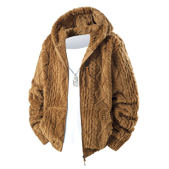 Men's Urban Teddy Fleece Jacket - 3D Textured Heavyweight Zip Hoodie with Chest Pocket