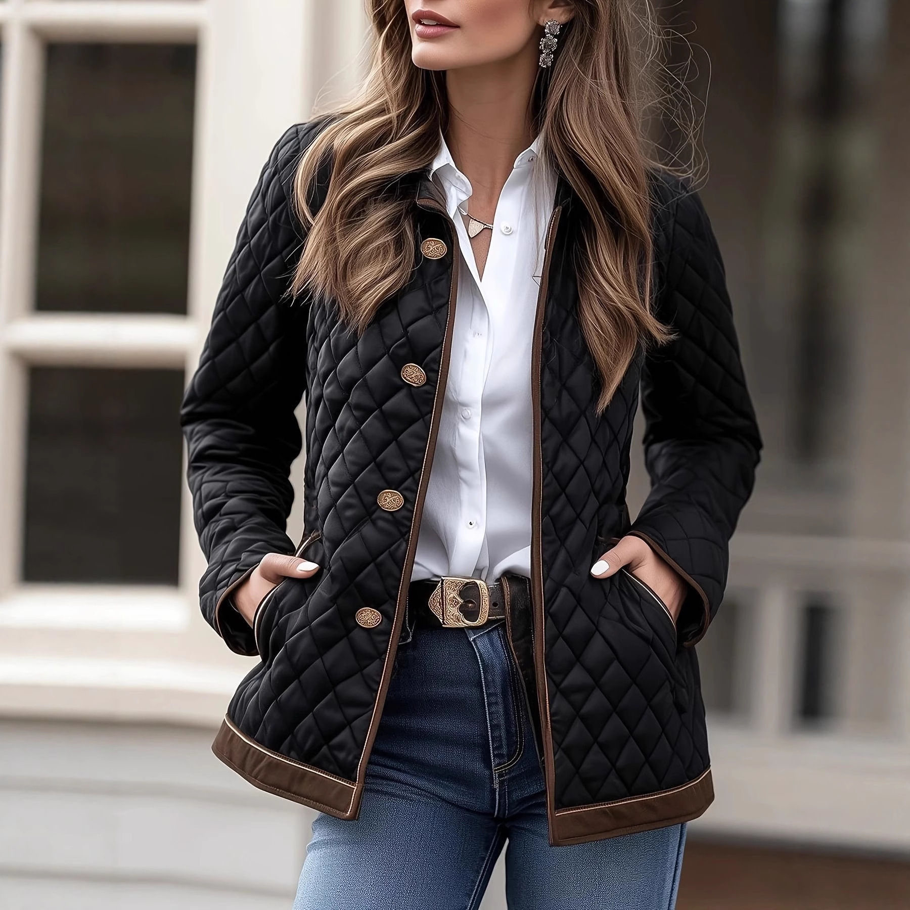 Women's Diamond Quilted Jacket with Contrast Trim | Luxe Clothing Women's Diamond Quilted Jacket with Contrast Trim