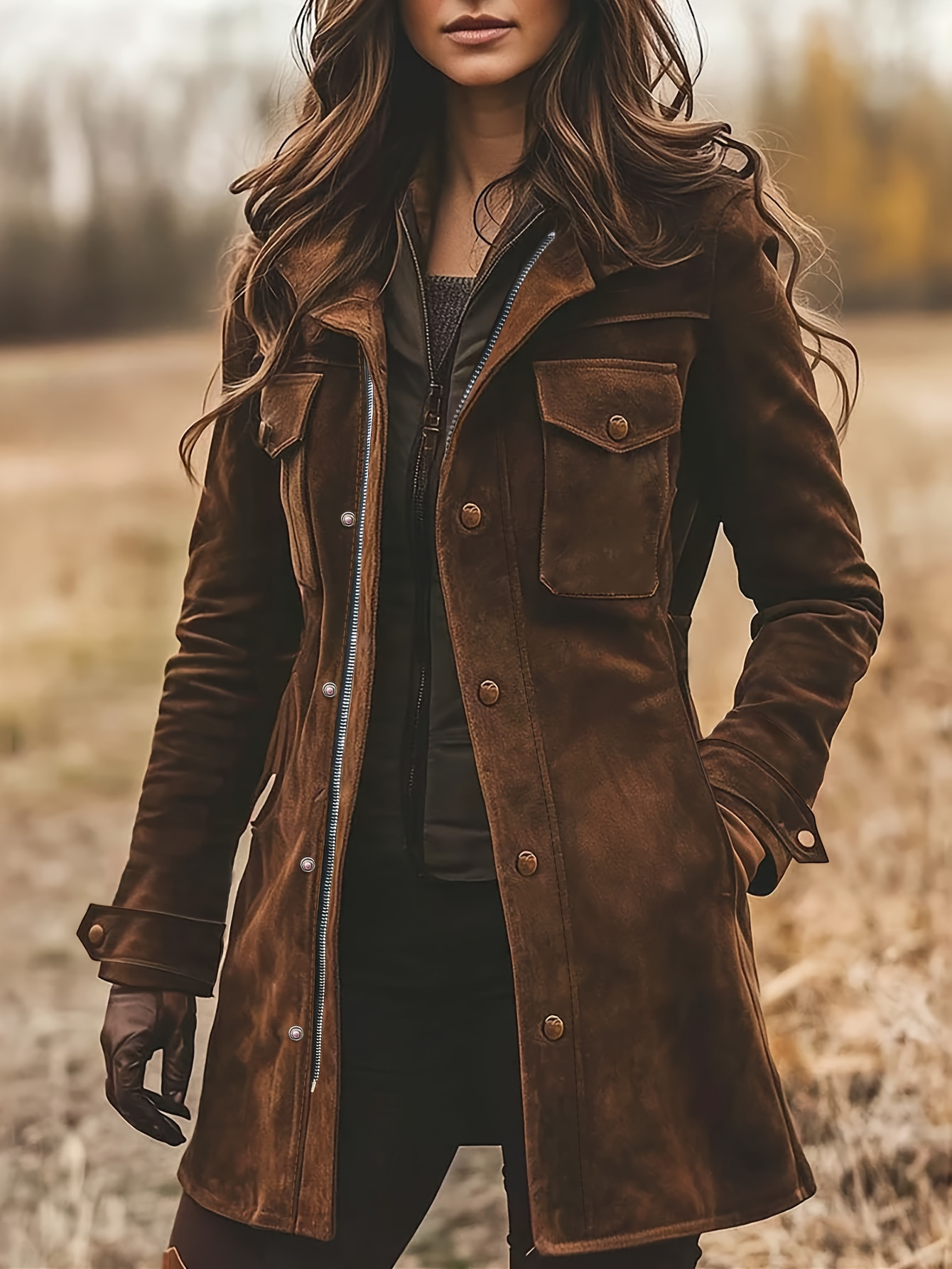 Women's Dark Brown Suede Mid-Length Utility Jacket | Luxe Clothing Women's Dark Brown Suede Mid-Length Utility Jacket - Image 5