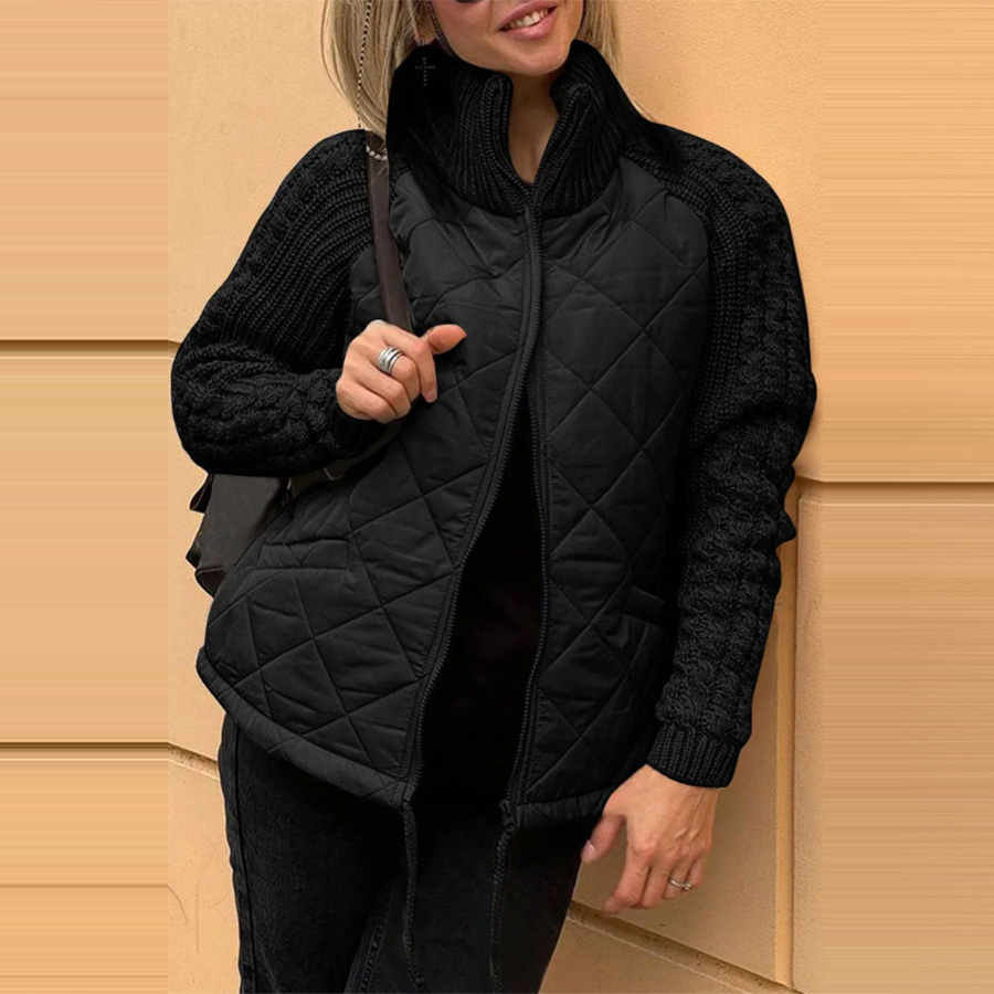 Women's Funnel Neck Quilted Puffer Jacket with Knit Sleeves. | Luxe Clothing Women's Funnel Neck Quilted Puffer Jacket with Knit Sleeves. - Image 7