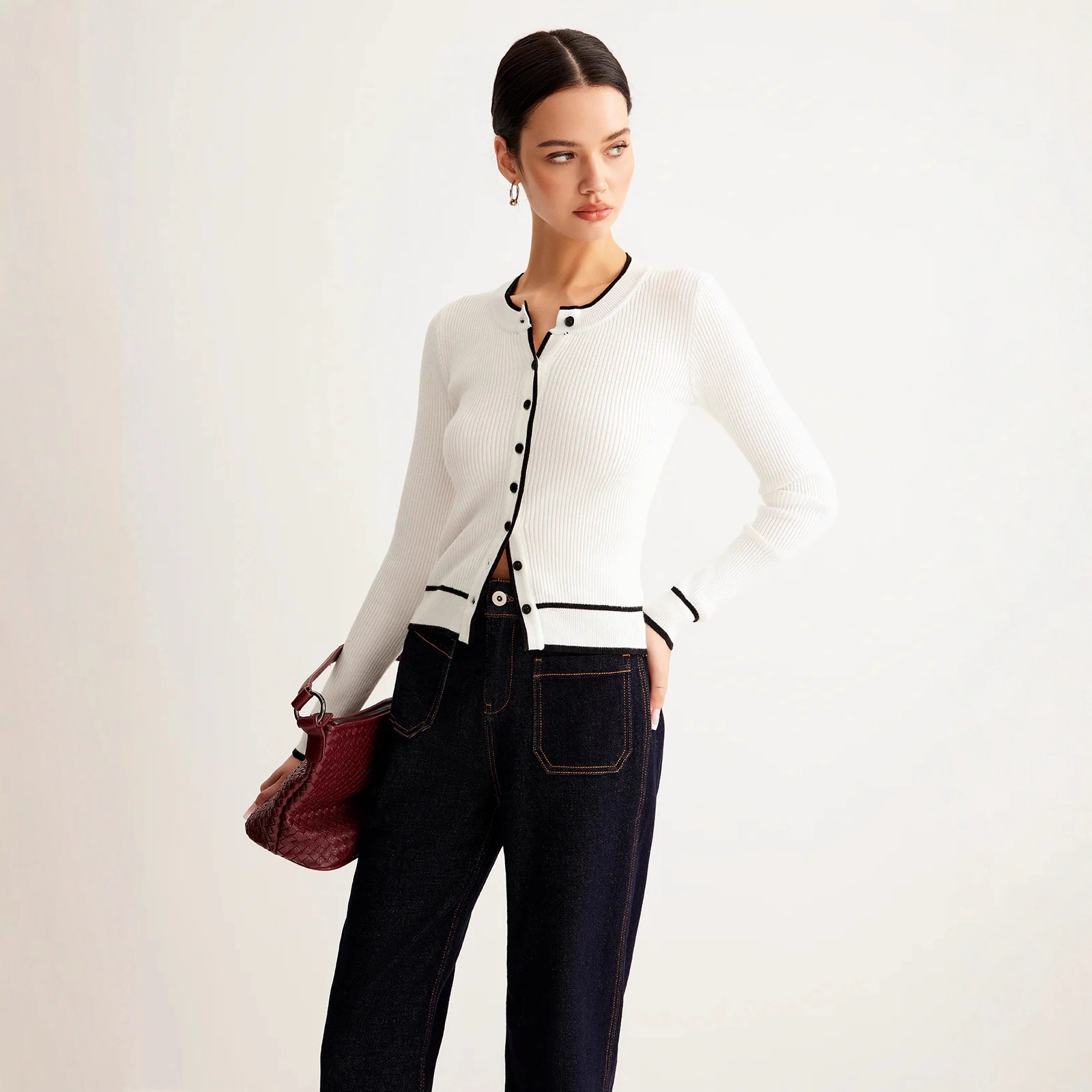 Women’s Contrast Trim Ribbed Knit Cardigan – Slim Fit Long Sleeve Sweater | Luxe Clothing Women’s Contrast Trim Ribbed Knit Cardigan – Slim Fit Long Sleeve Sweater - Image 2