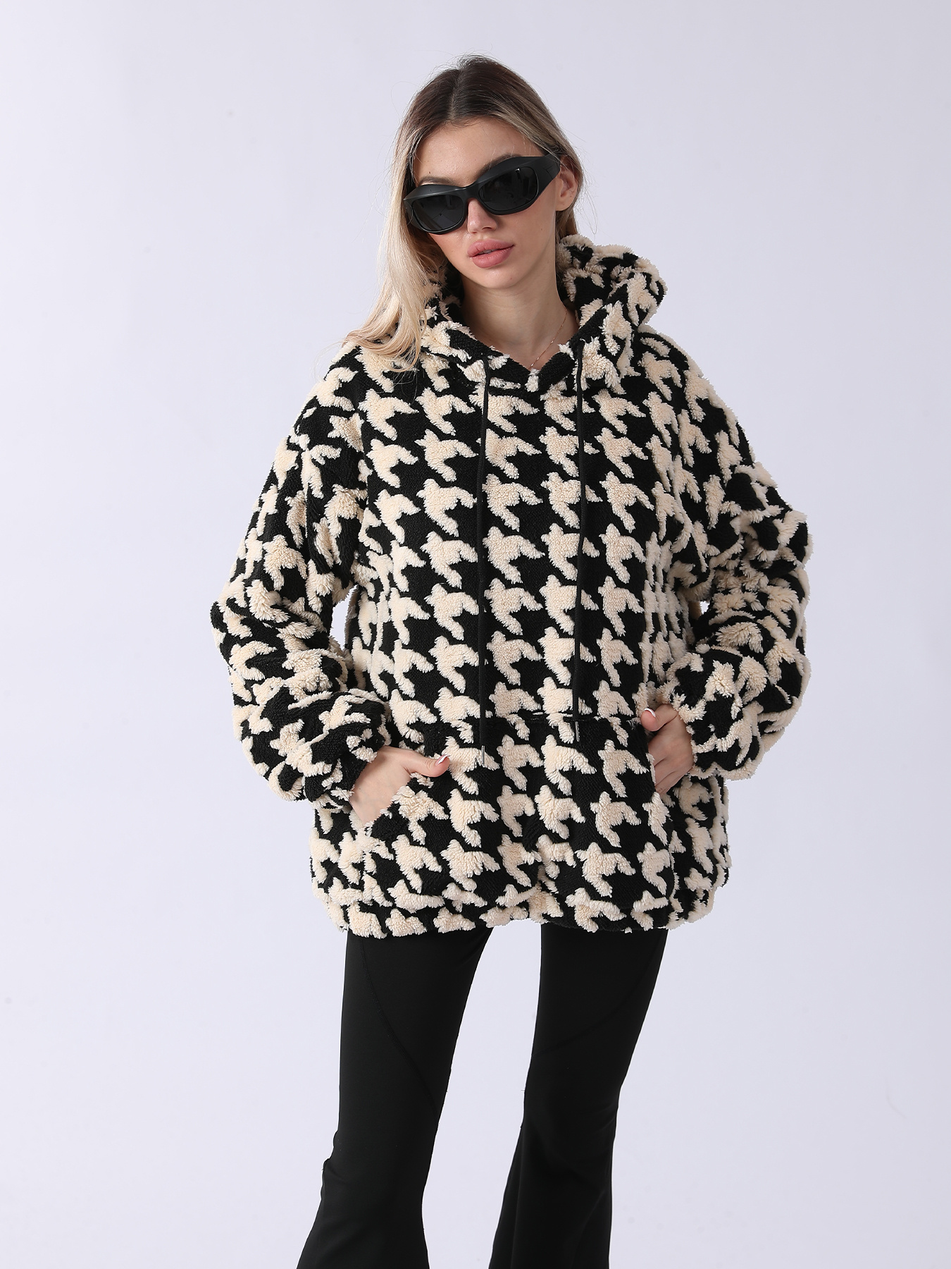 Cozy Houndstooth Sherpa Hoodie - Women’s Warm Oversized Teddy Pullover | Luxe Clothing Cozy Houndstooth Sherpa Hoodie - Women’s Warm Oversized Teddy Pullover - Image 8