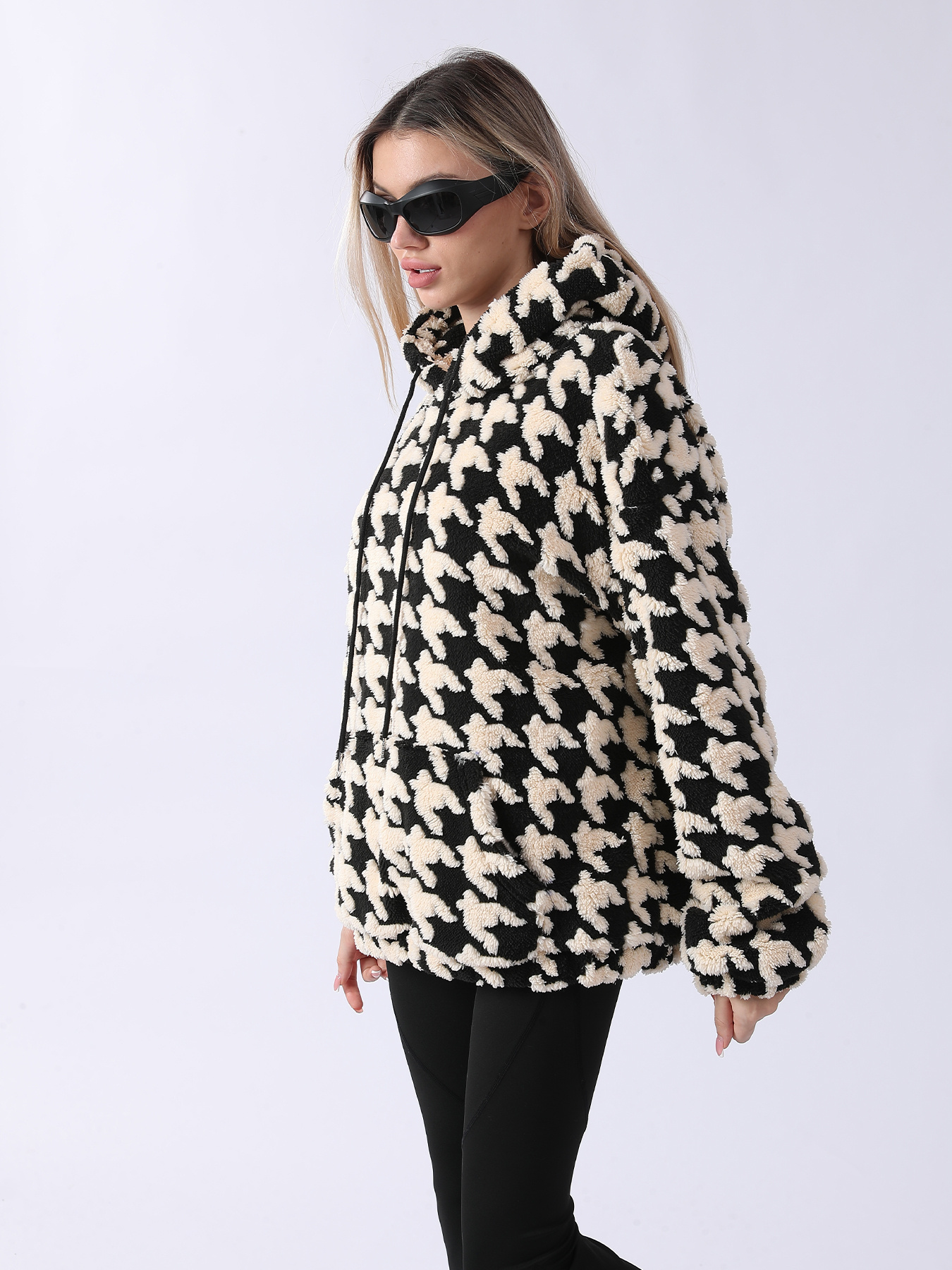 Cozy Houndstooth Sherpa Hoodie - Women’s Warm Oversized Teddy Pullover | Luxe Clothing Cozy Houndstooth Sherpa Hoodie - Women’s Warm Oversized Teddy Pullover - Image 10